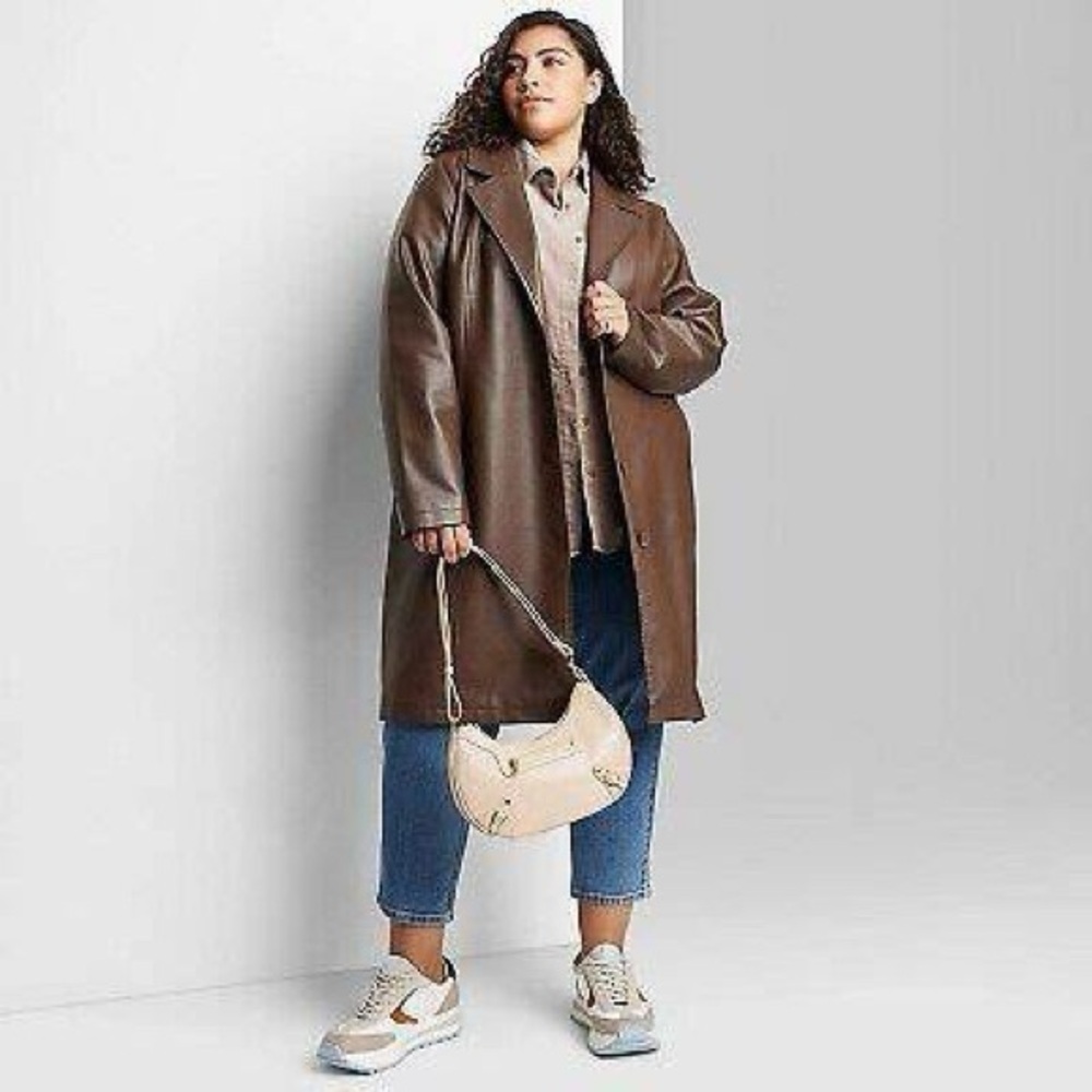 Brown Faux Leather Trench Coat